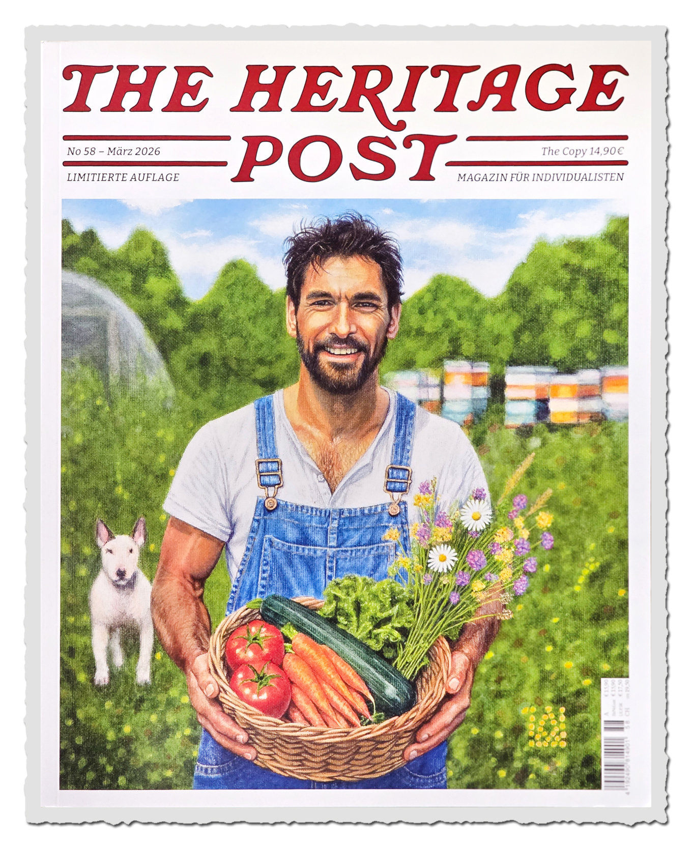 Titelseite frontal, roter Schriftzug oben, gemalte Person mit Erntekorb im Garten vor grünem Hintergrund.